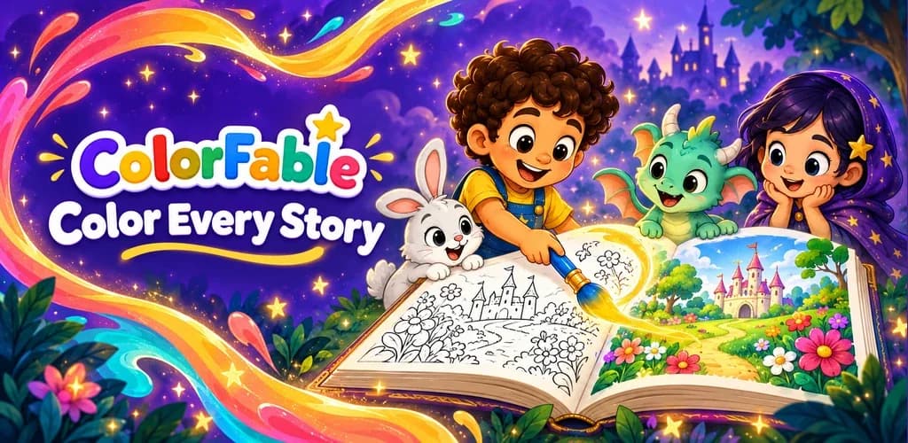 ColorFable — Color Every Story: Milo, his rabbit friend and a young dragon painting an open storybook