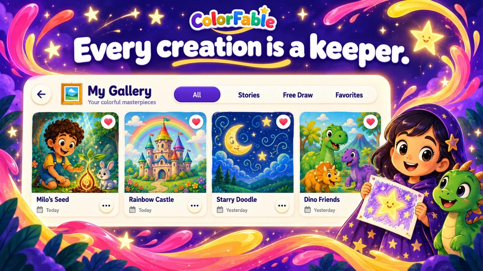 ColorFable's gallery on a tablet, with saved pictures and tabs for stories, free drawing and favorites