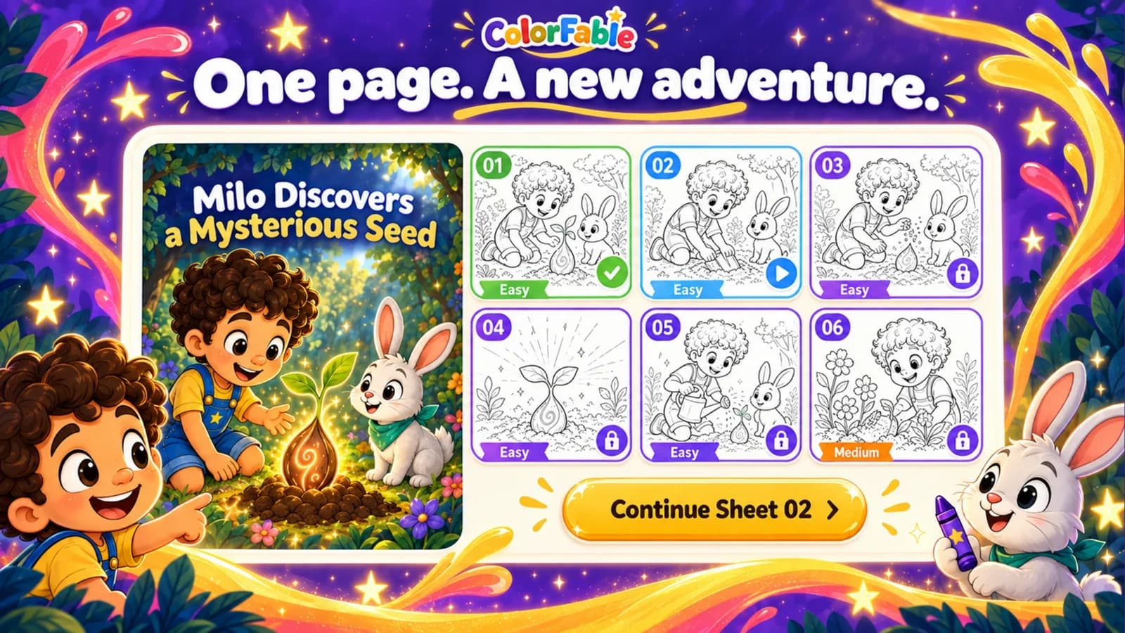 ColorFable on a tablet: Milo's story cover beside its coloring sheets, with the next sheet ready to continue