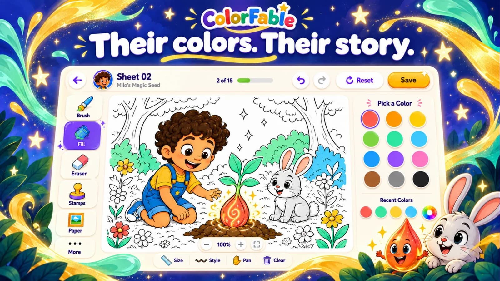 ColorFable's tablet coloring editor in landscape, with the tool rail on the left and the palette and recent colors on the right