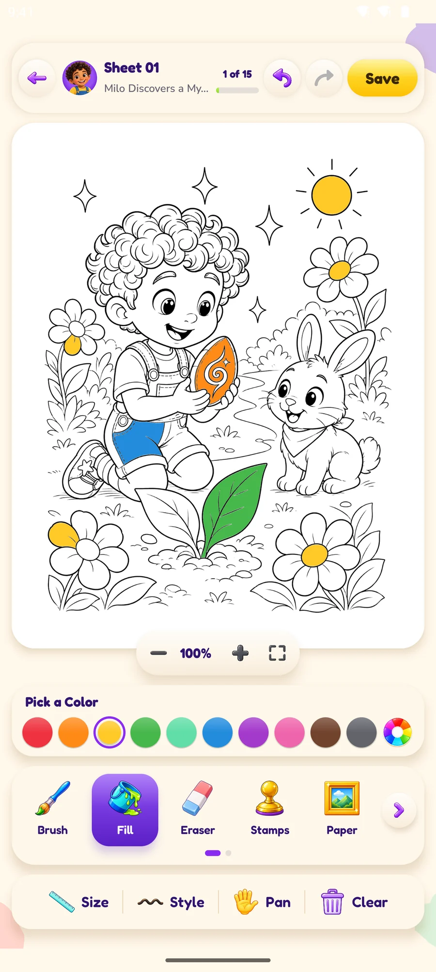 The coloring editor with a partly colored sheet, the color palette, and the Brush, Fill, Eraser, Stamps and Paper tools