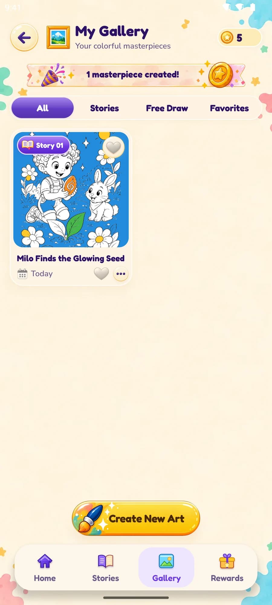 My Gallery showing a finished picture saved from Milo's story