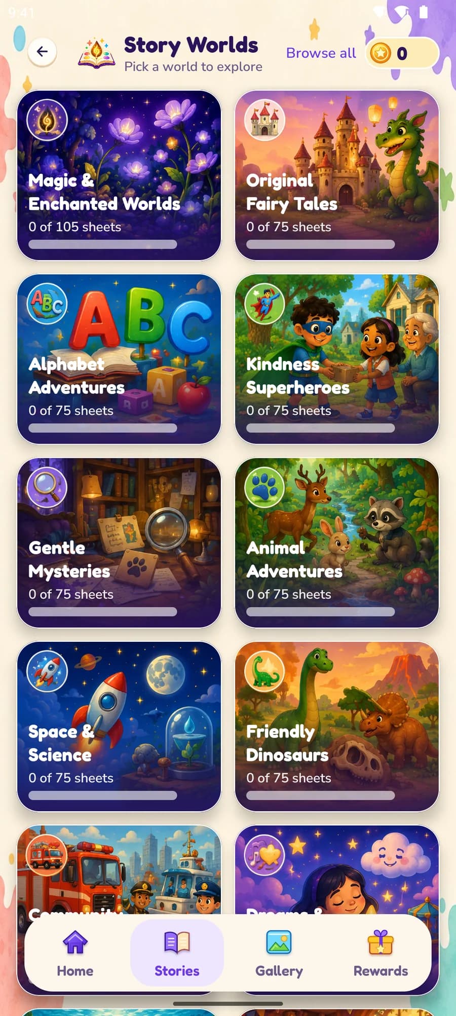 The Story Worlds screen listing illustrated categories such as Magic & Enchanted Worlds, Original Fairy Tales and Alphabet Adventures